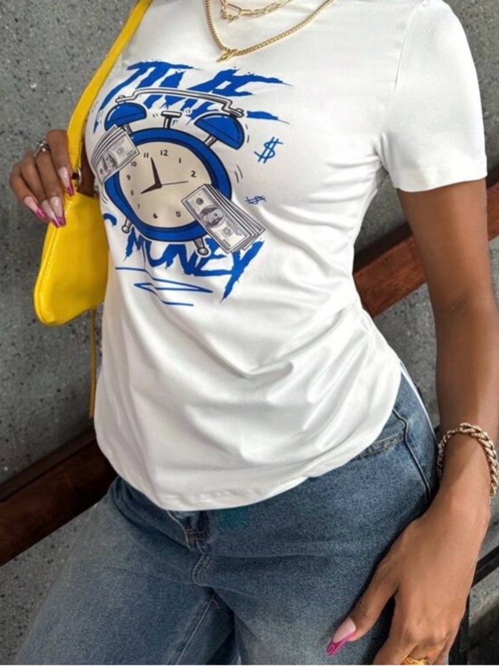 Women’s White Short-Sleeve Graphic Tee with Blue Clock Print New Without tag